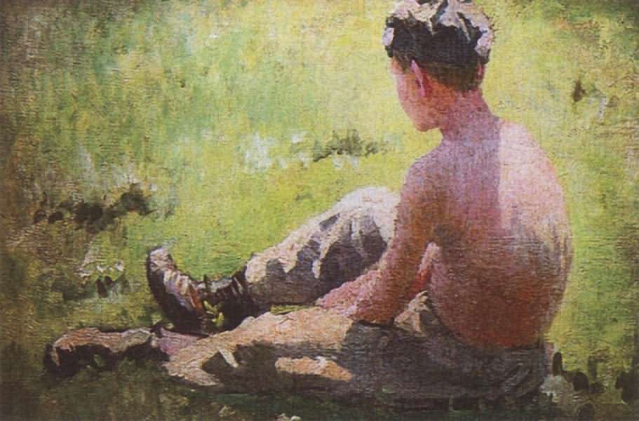 Collectible Yuliy Bershadsky art: bare-chested boy in camo pants, field