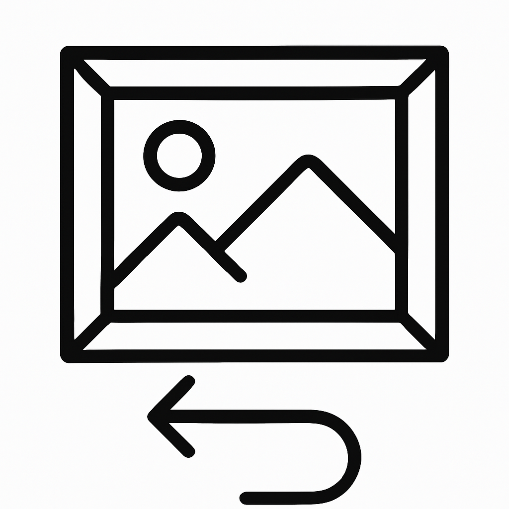 Black line-art icon of a photo frame with mountains and sun, accompanied by a curved arrow pointing left.