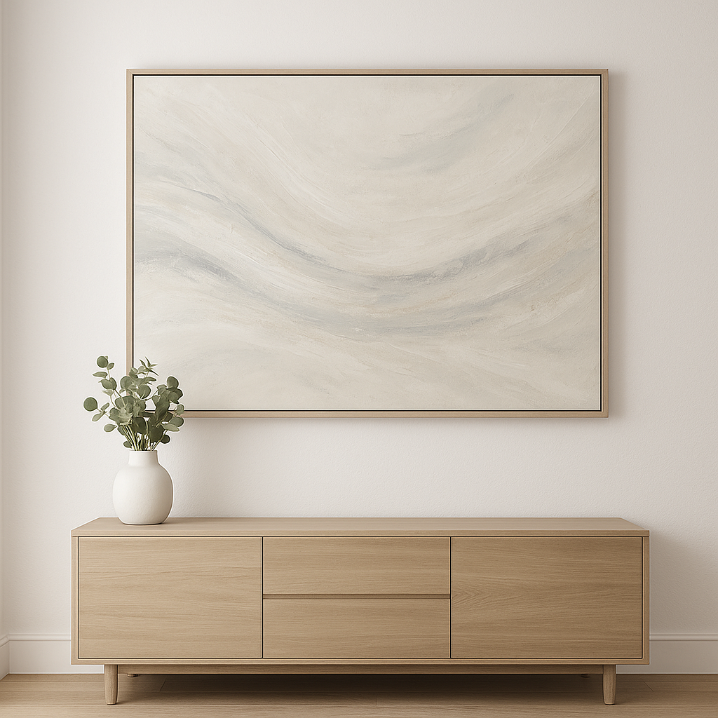 A minimalist abstract painting with soft gray and white brushstrokes, framed in a slender light wood frame.