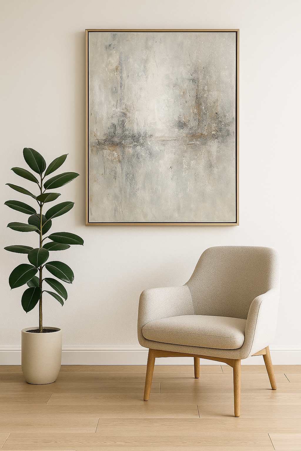 Beige upholstered armchair with wooden legs.