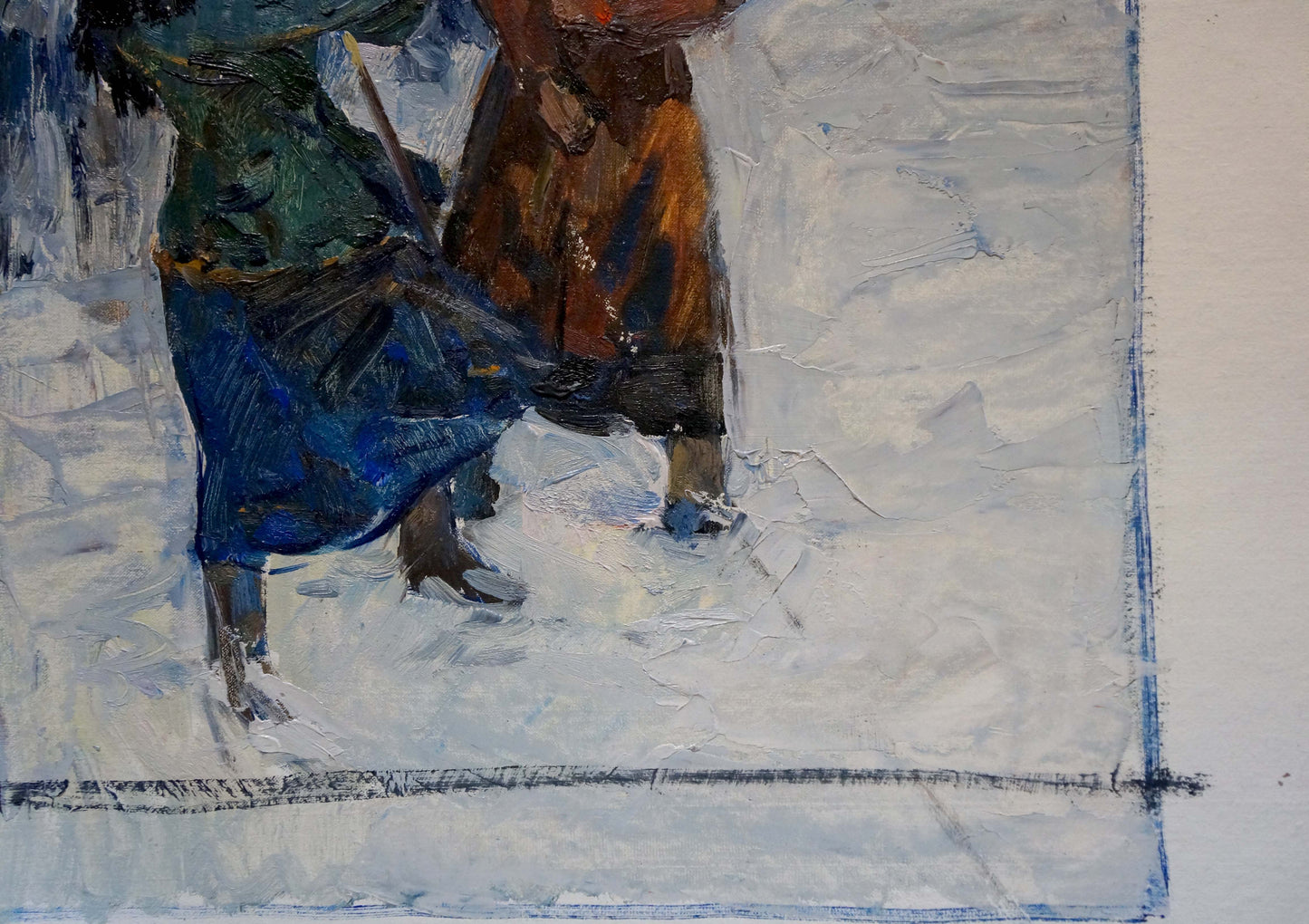 Textured impressionistic oil painting Rally of People by Konstantin Pokulity in snowy landscape