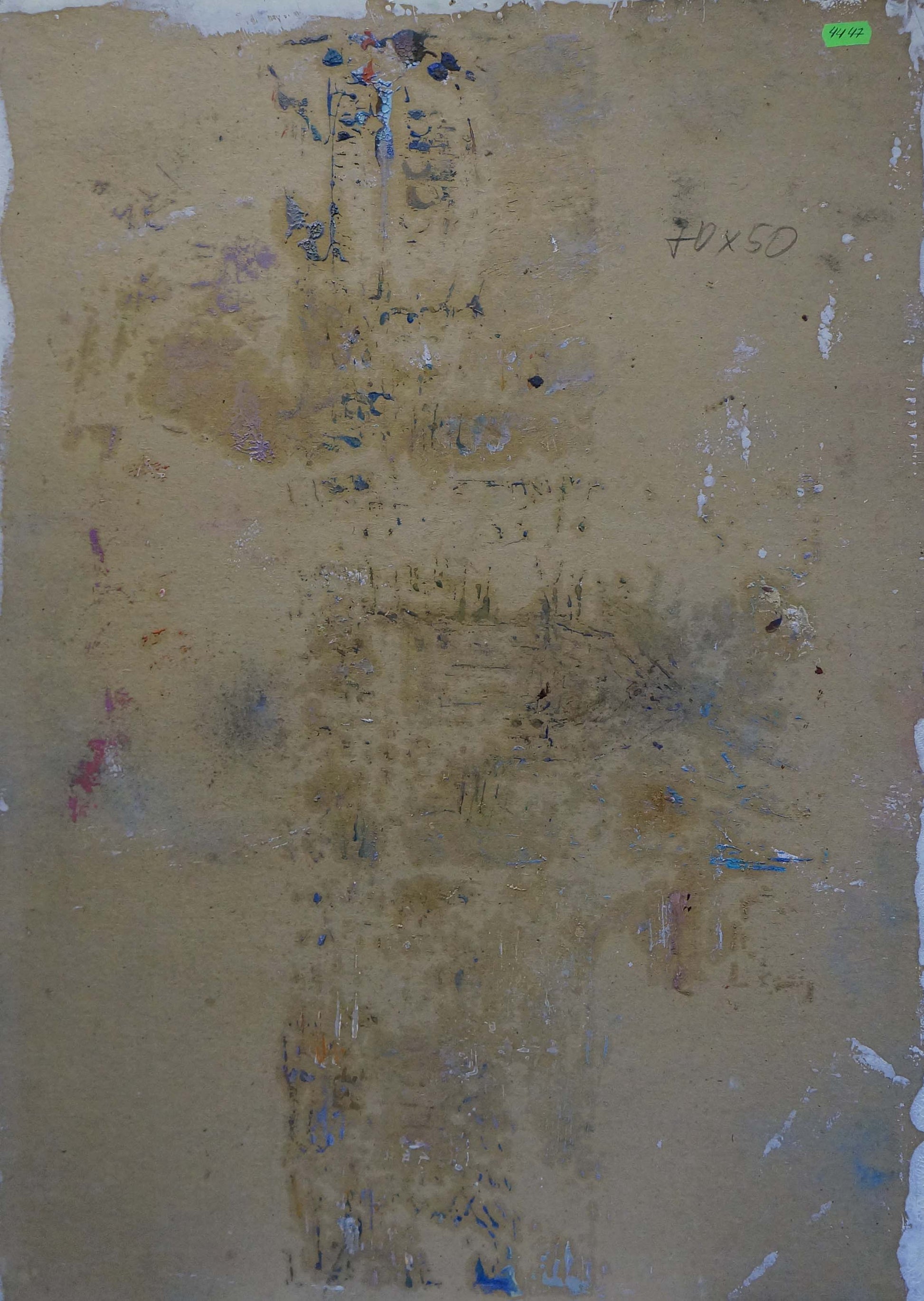 Weathered beige canvas back of Oil painting Rally of people Konstantin Pokulity with faded blue purple splatters