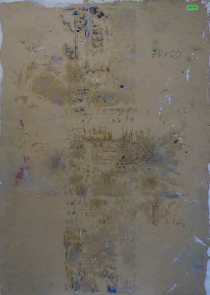 Weathered beige canvas back of Oil painting Rally of people Konstantin Pokulity with faded blue purple splatters