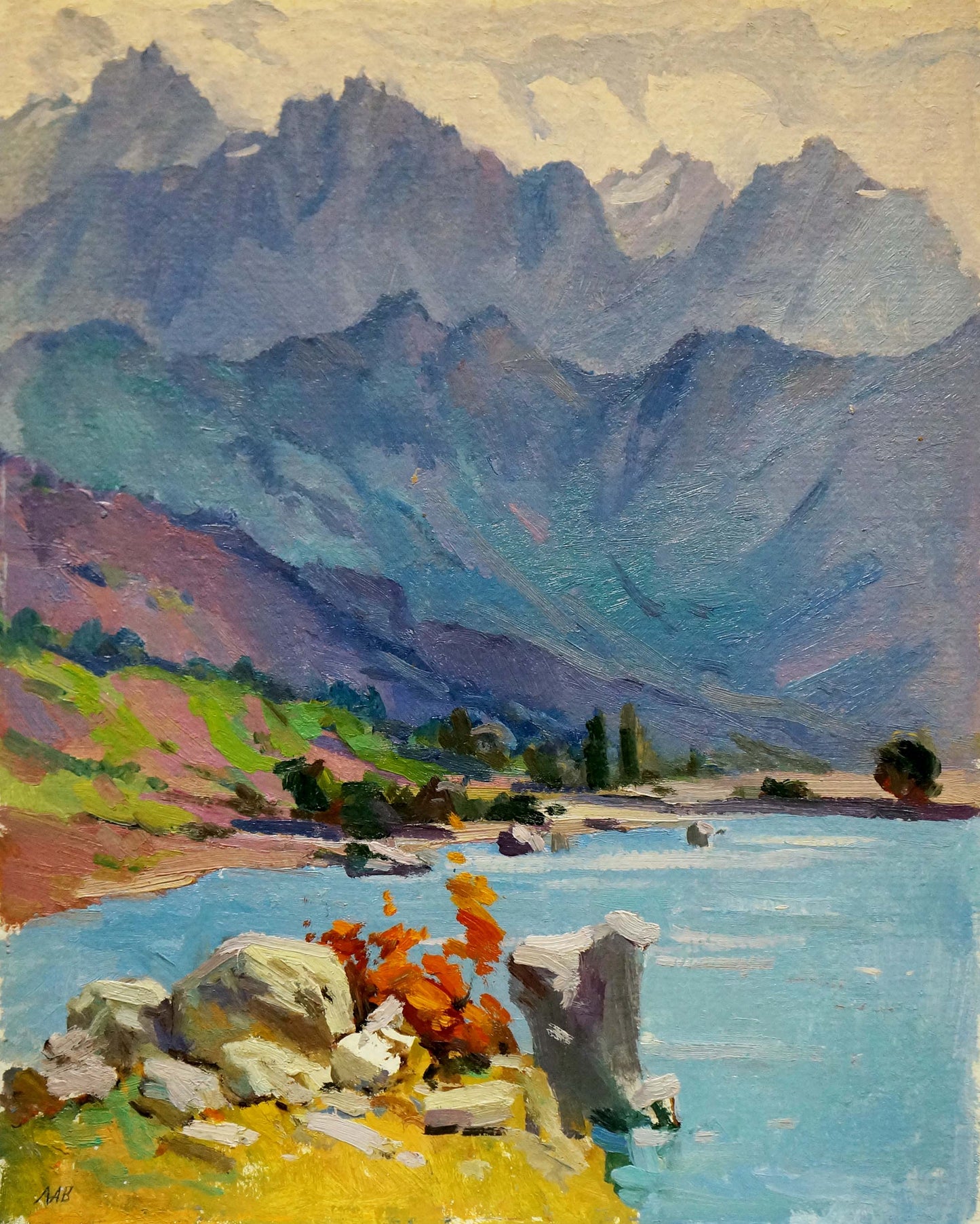 Custom painting for Xiaolan: impressionist lake with mountains and flowers