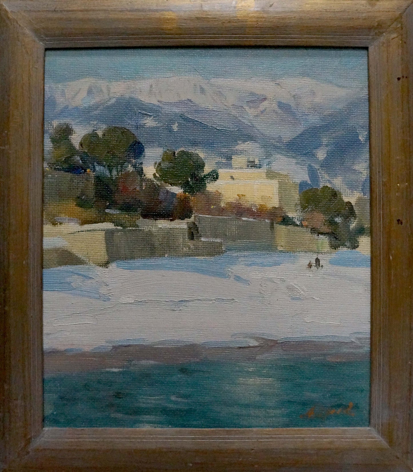 Framed oil painting by Strelov Arkady Efimovich: snowy city landscape