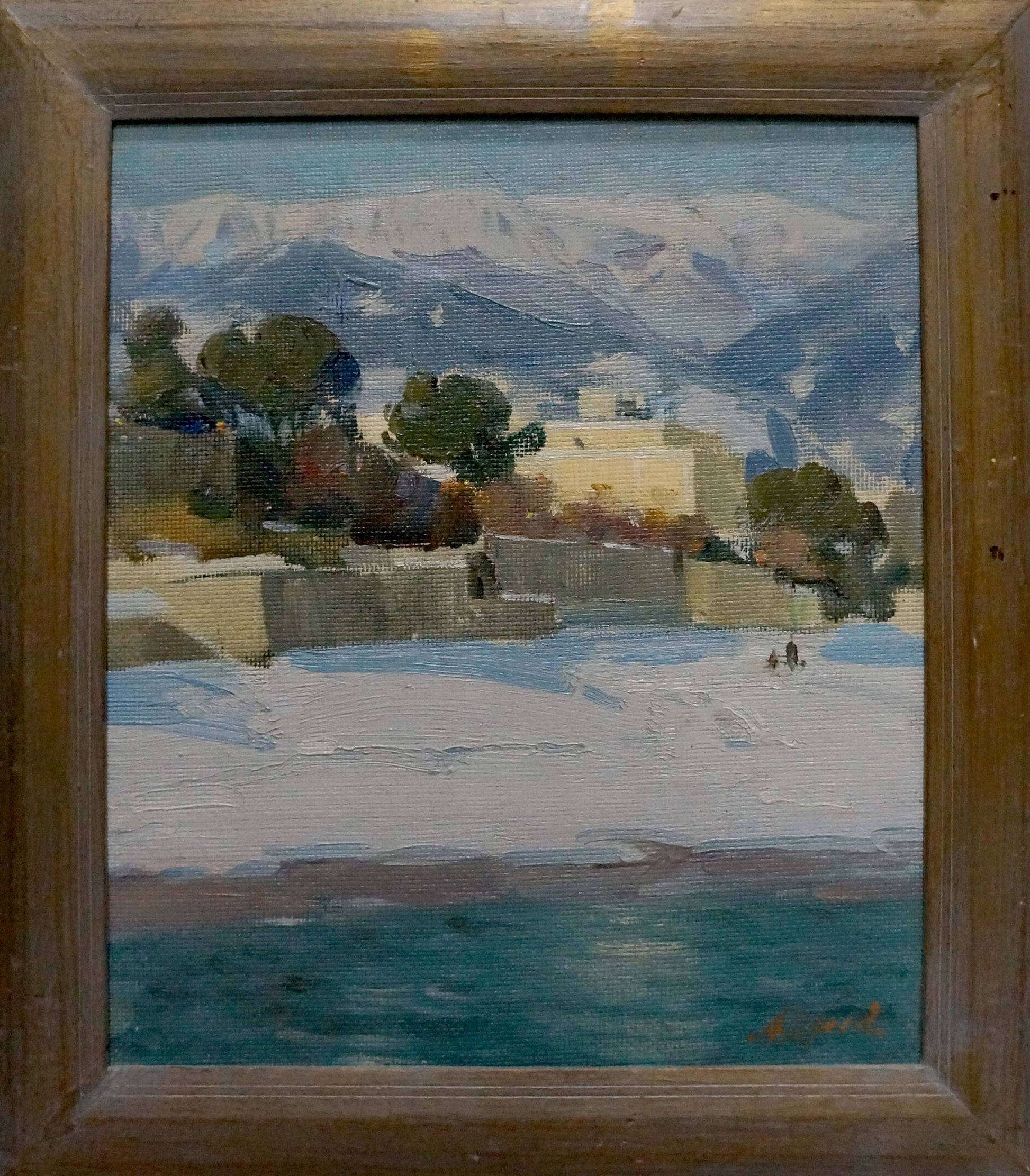 Framed oil painting by Strelov Arkady Efimovich: snowy city landscape