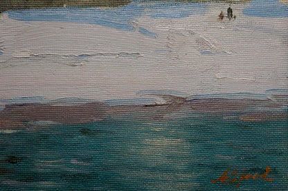 Textured impasto oil painting by Strelov Arkady Efimovich, coastal city scene