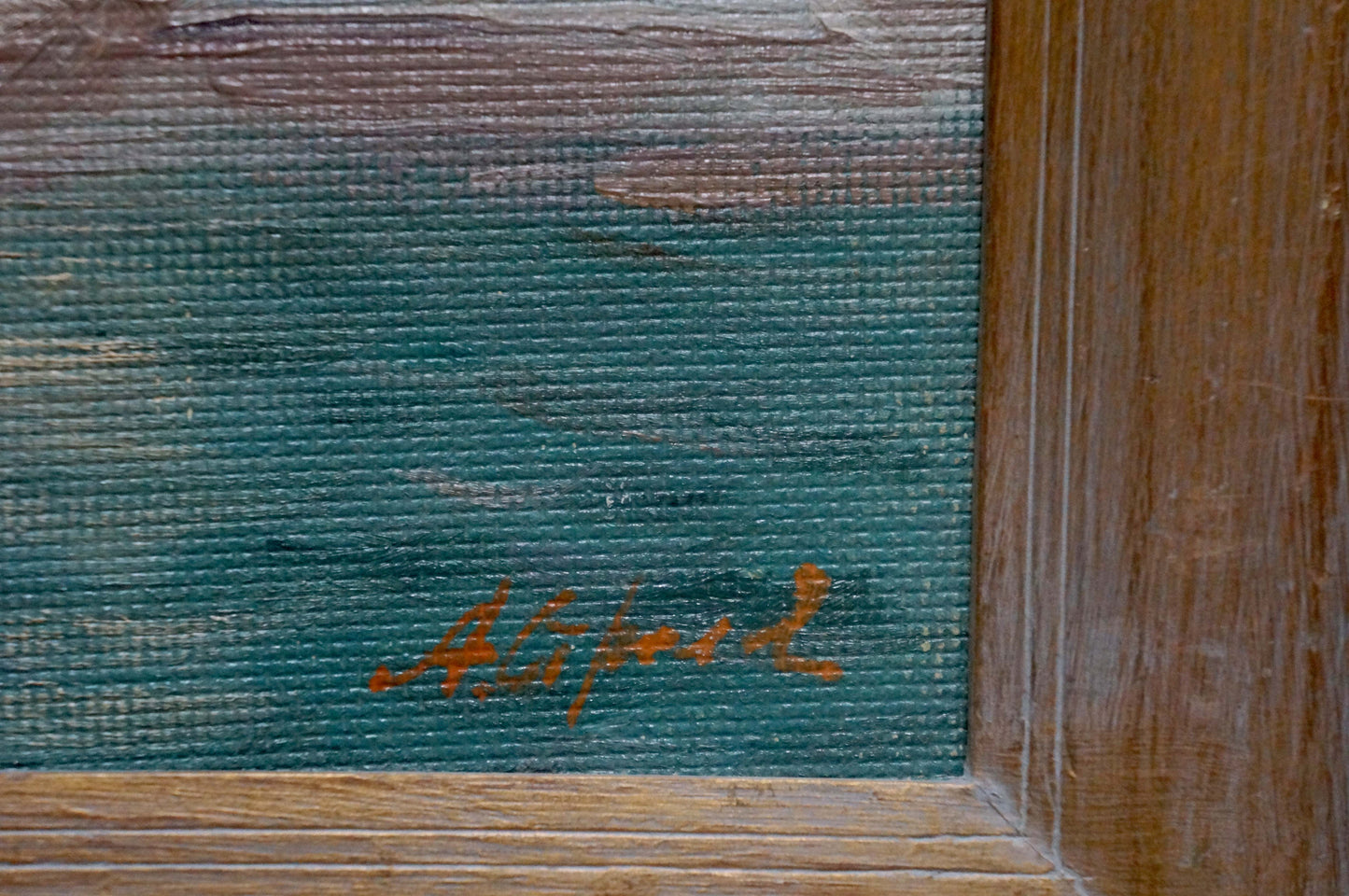 Back of teal canvas oil painting City landscape by Strelov Arkady Efimovich with orange cursive signature