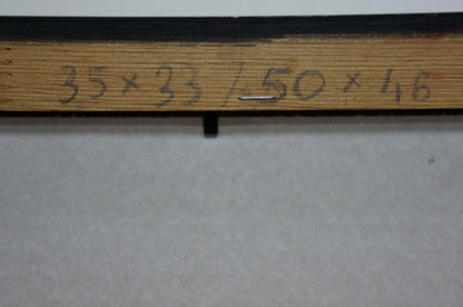 Back of Oil painting Landscape Square Dulfan Lucien Veniaminovich with light brown wooden frame and handwritten black ink measurements