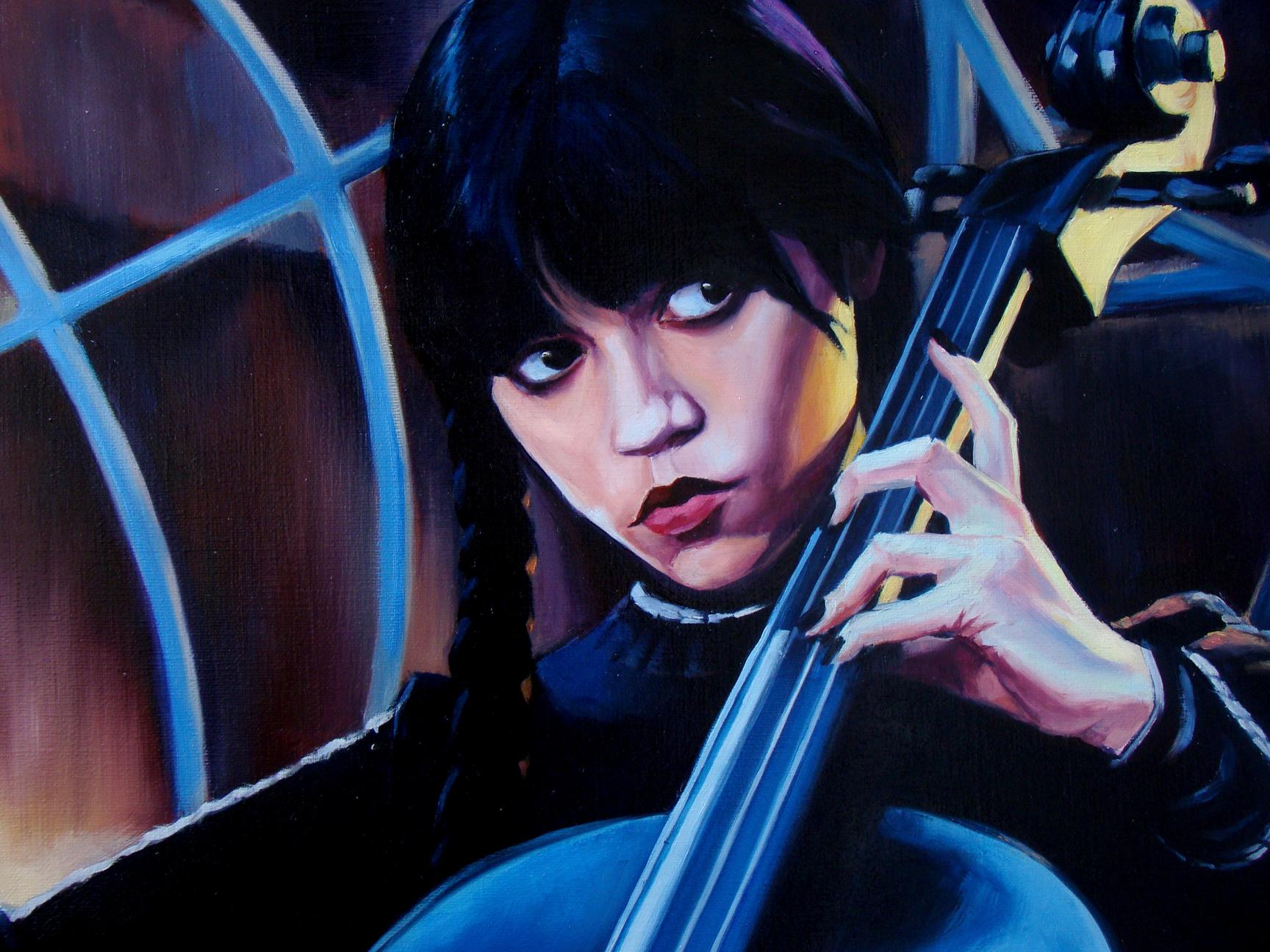 Oil painting of dark-haired black-cloaked Wednesday by Yulia Lihina playing cello