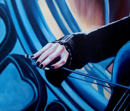 Oil painting by Yulia Lihina: hand with black nails gripping violin bow