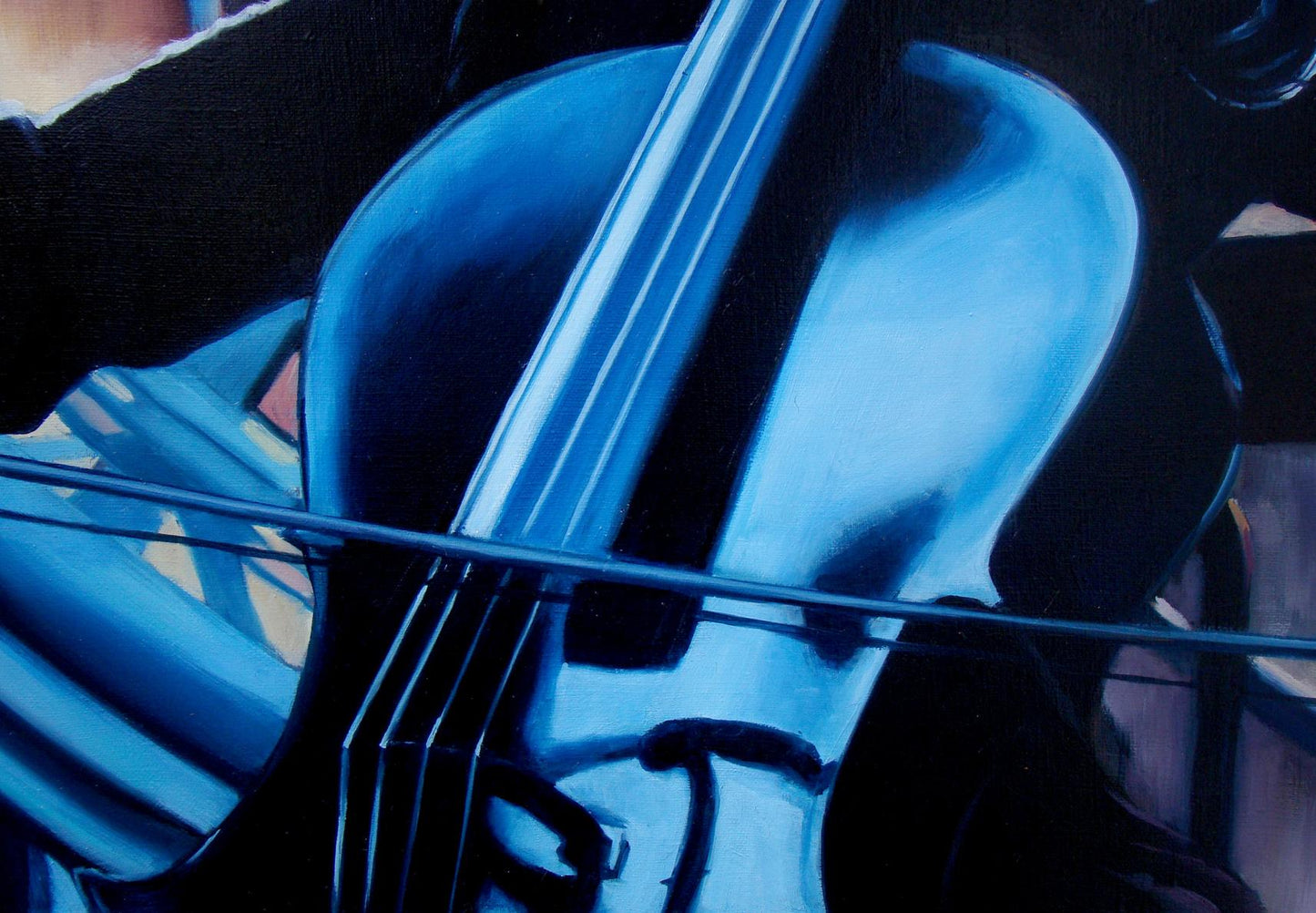 Sleek glossy blue cello oil painting by Yulia Lihina Wednesday