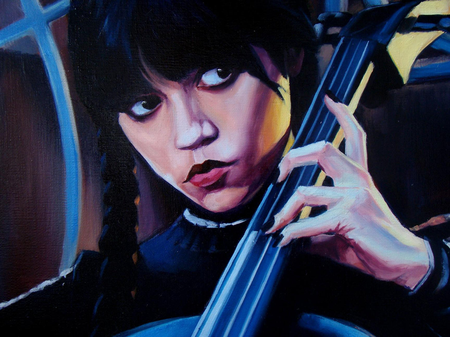 Oil painting of Wednesday by Yulia Lihina playing blue cello