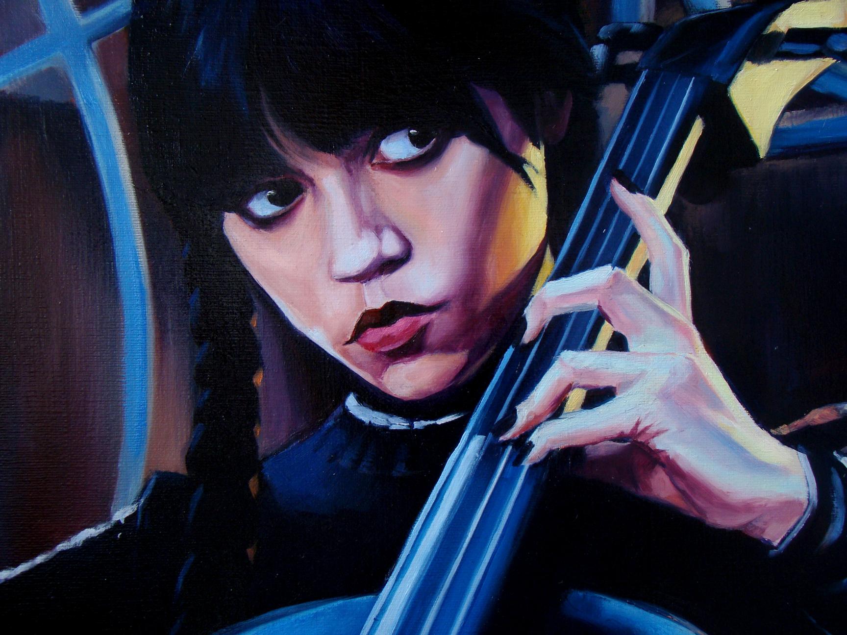 Oil painting of Wednesday by Yulia Lihina playing blue cello