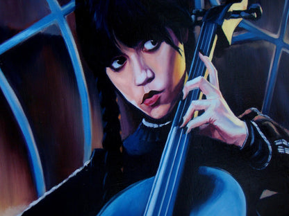 Oil painting of gothic woman Yulia Lihina holding blue cello