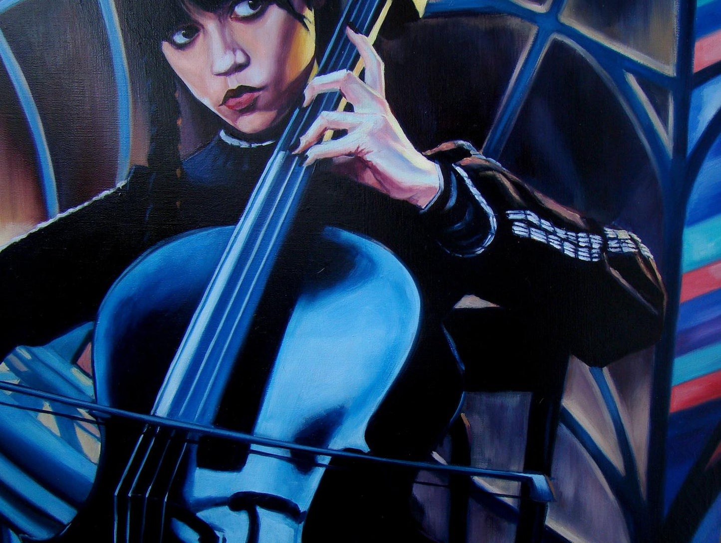 Oil painting Wednesday by Yulia Lihina: blue cello artist vibrant abstract background