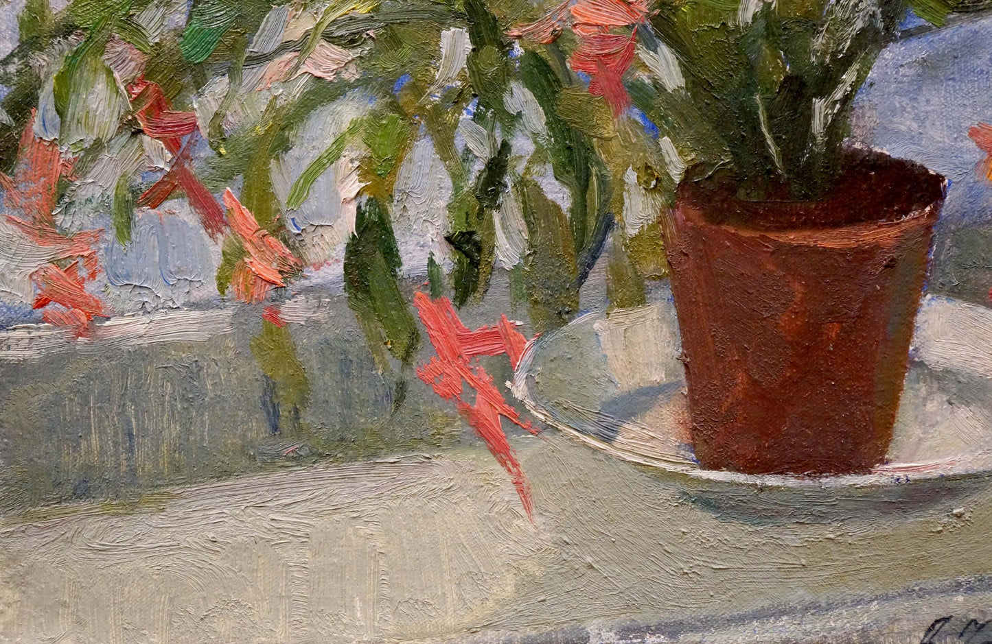 Oil painting by Chernyaev Anatoly Grigoryevich: impressionistic terracotta pot with green foliage and red flowers