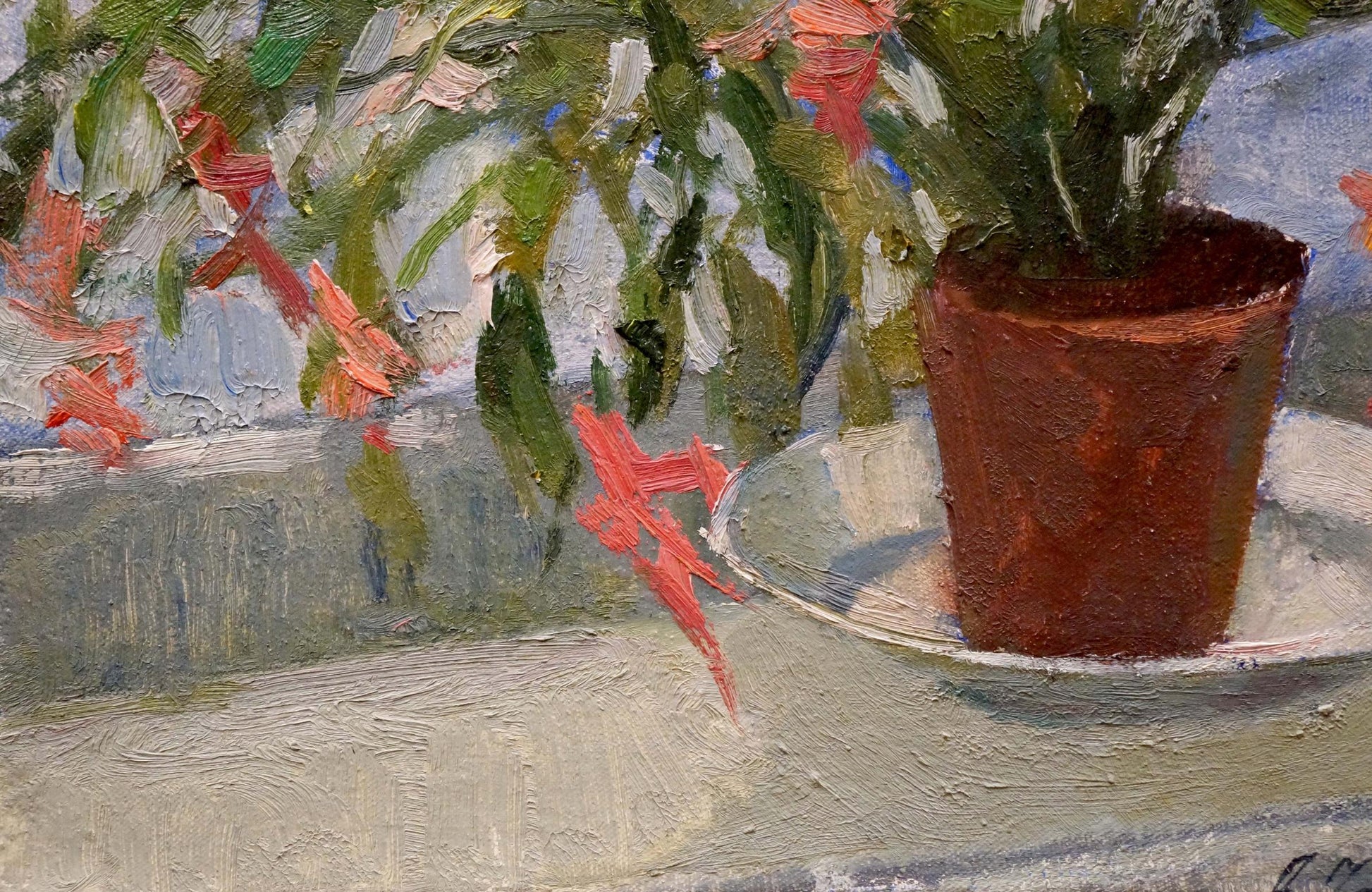 Oil painting by Chernyaev Anatoly Grigoryevich: impressionistic terracotta pot with green foliage and red flowers