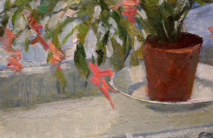 Oil painting by Chernyaev Anatoly Grigoryevich: impressionistic terracotta pot with green foliage and red flowers