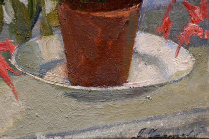 Oil painting by Chernyaev Anatoly Grigoryevich: textured reddish-brown ceramic pot on white saucer