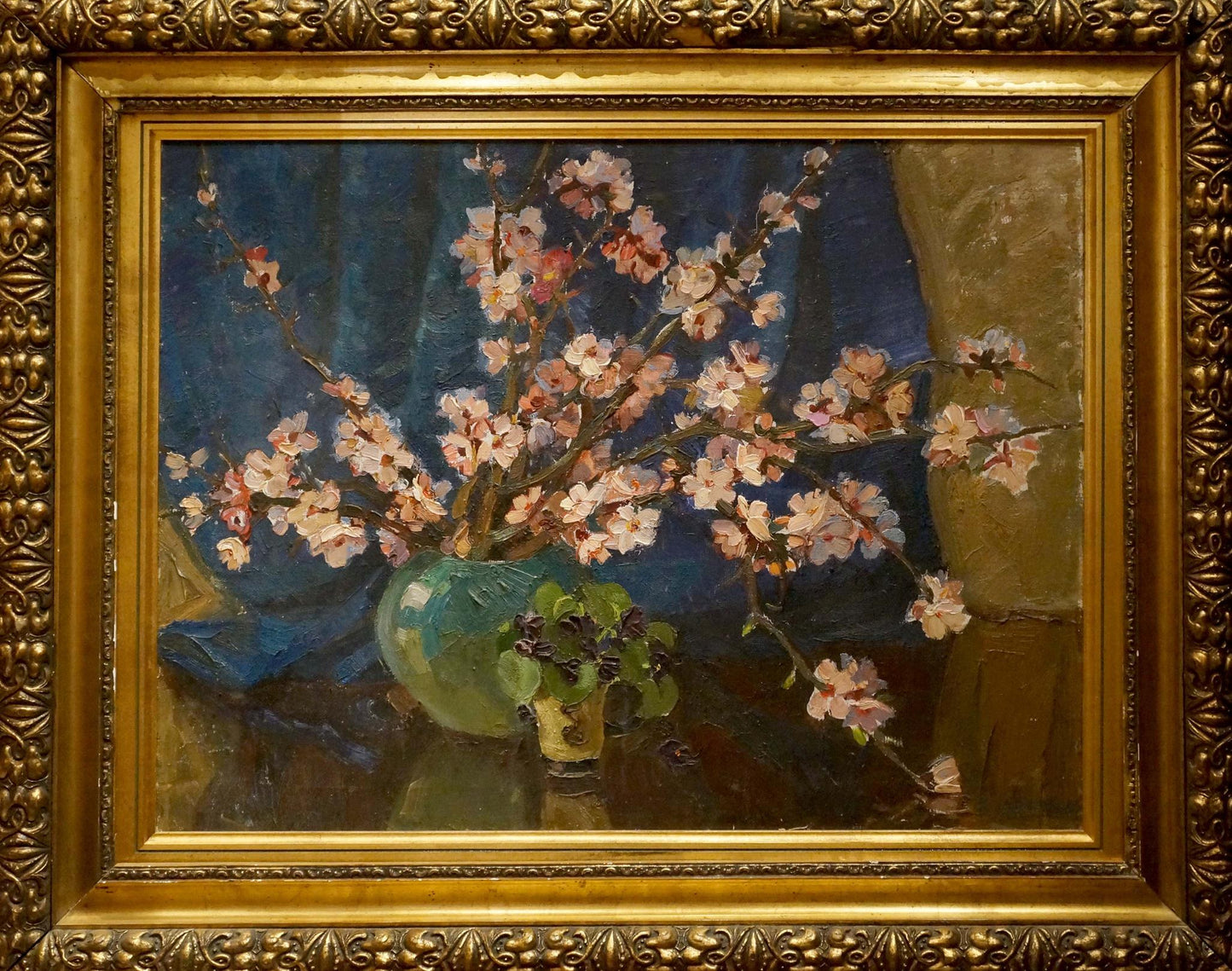Oil painting of pink blossom bouquet in teal vase by Tsvetkova Valentina Petrovna