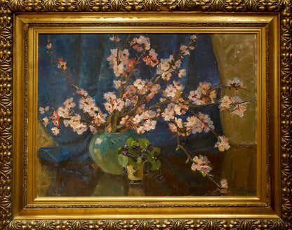 Oil painting of pink blossom bouquet in teal vase by Tsvetkova Valentina Petrovna