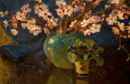 Oil painting of vibrant green vase with pink white blossoms by Tsvetkova Valentina Petrovna