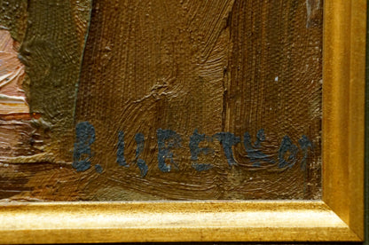 Textured brown oil painting Bouquet of Flowers by Tsvetkova Valentina Petrovna with blue b signature