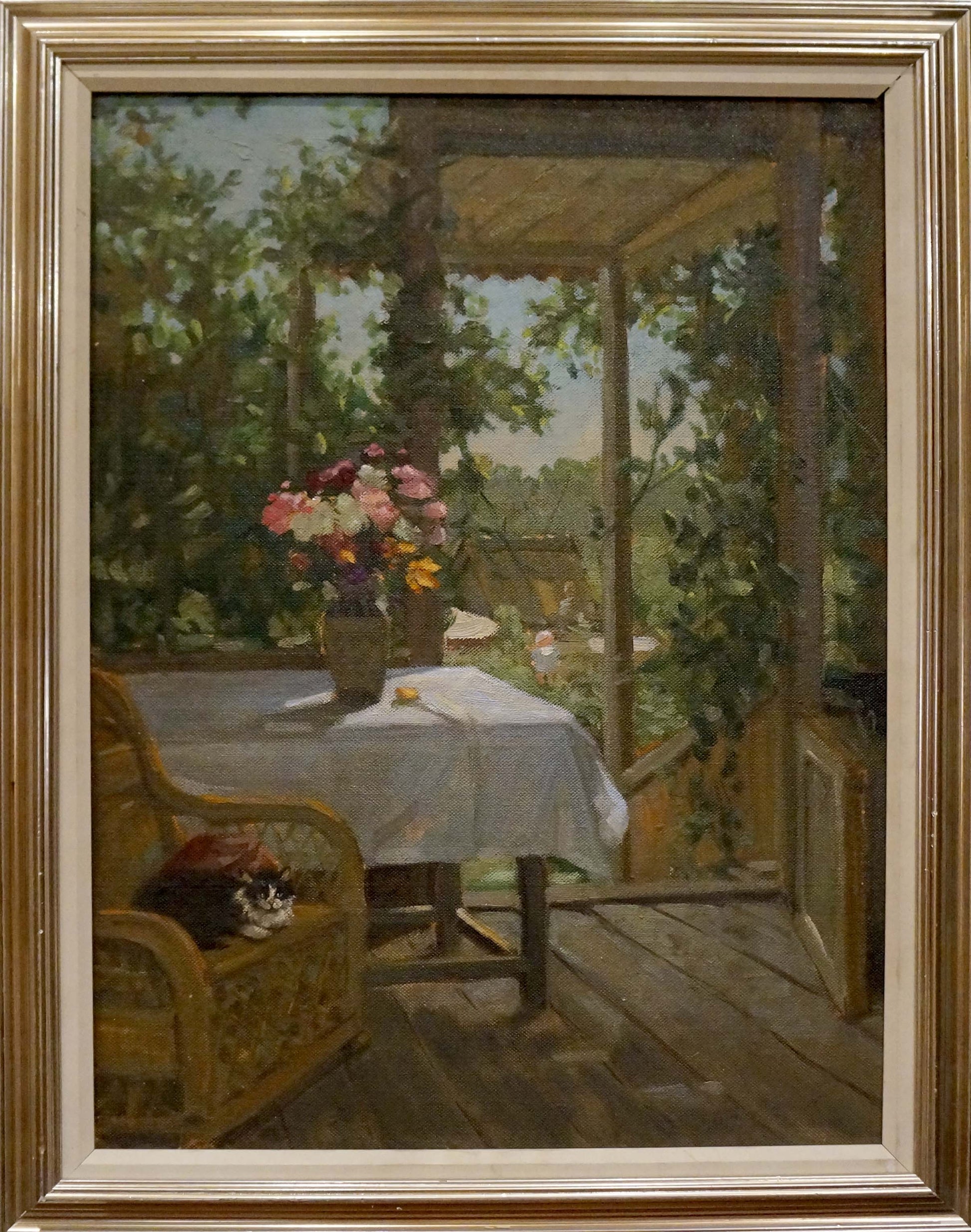 Oil painting Terrace by Rudnev Alexey Mikhailovich: sunlit porch with cat
