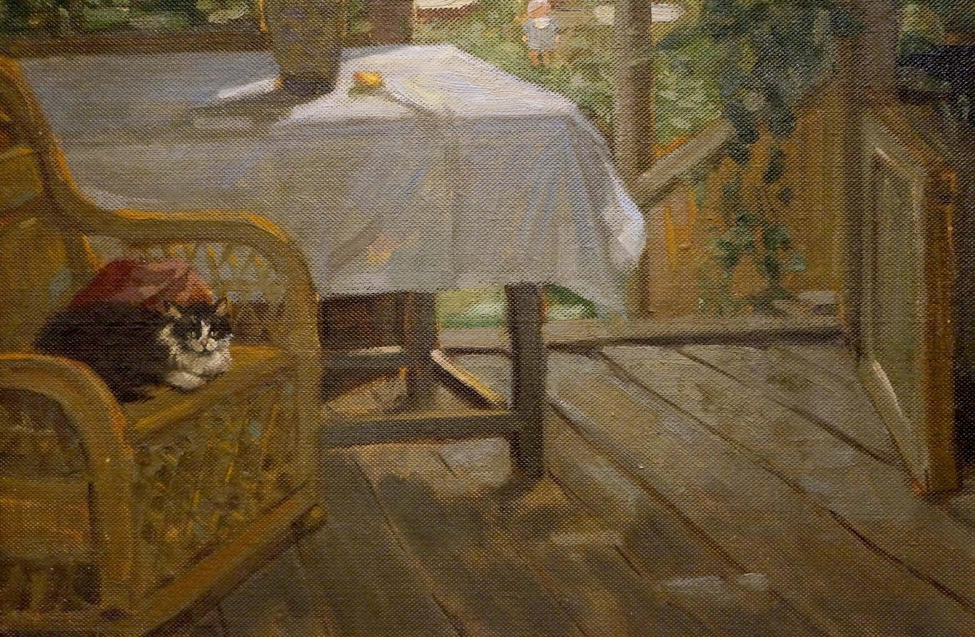 Black and white cat resting on golden carved chair in Rudnev oil painting