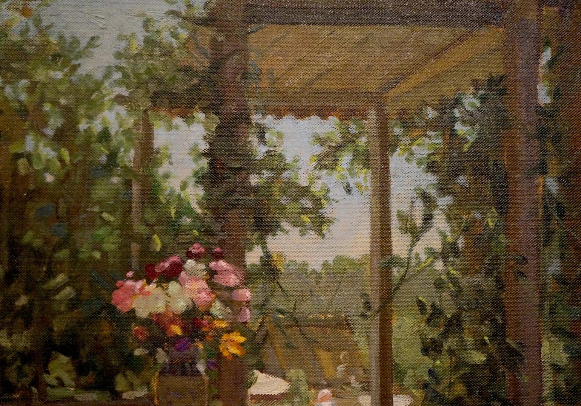 Oil painting of vibrant pink white yellow purple flowers in rustic vase by Terrace Rudnev Alexey Mikhailovich
