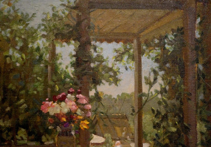 Oil painting of vibrant pink white yellow purple flowers in rustic vase by Terrace Rudnev Alexey Mikhailovich