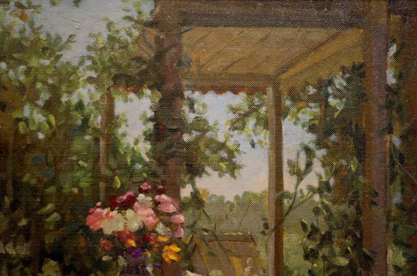 Oil painting Terrace by Rudnev Alexey Mikhailovich: vibrant flowers in dark vase under pergola