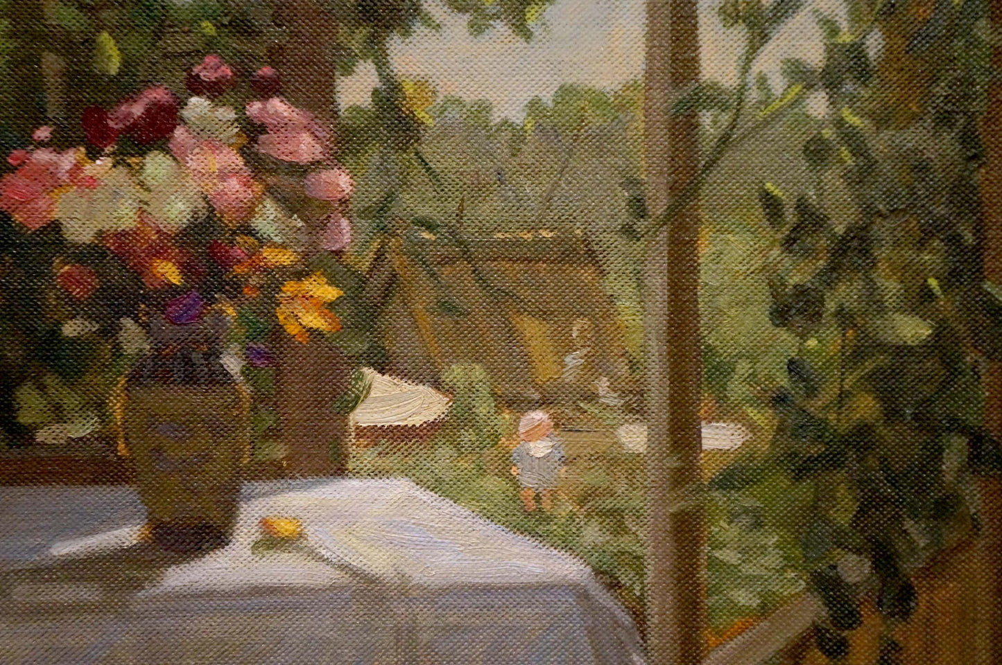Oil painting of vibrant mixed flowers in textured ceramic vase by Rudnev Alexey Mikhailovich
