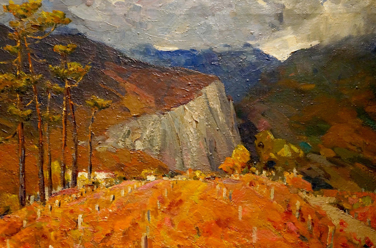 Oil painting of rugged mountain valley with autumn vineyards by Bakaev Sergey Ivanovich