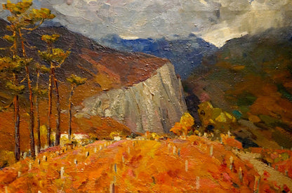 Oil painting of rugged mountain valley with autumn vineyards by Bakaev Sergey Ivanovich
