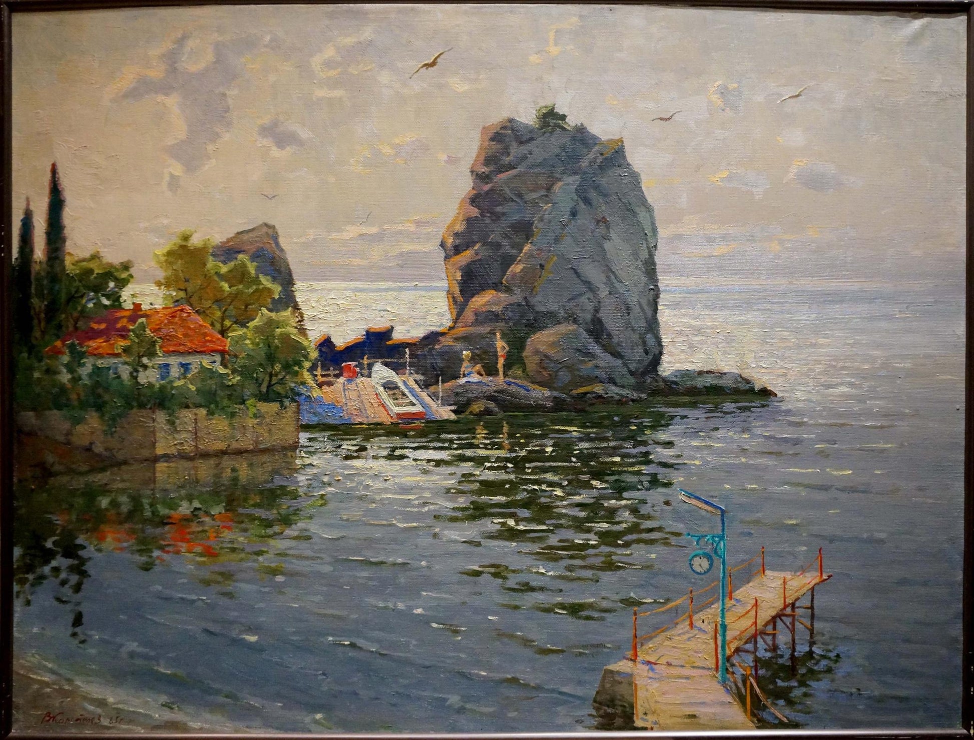 Oil painting seascape with gray rock formation, red-roofed house, pier