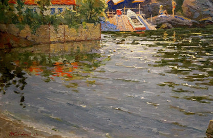 Serene impressionistic oil painting seascape with boats and water reflections