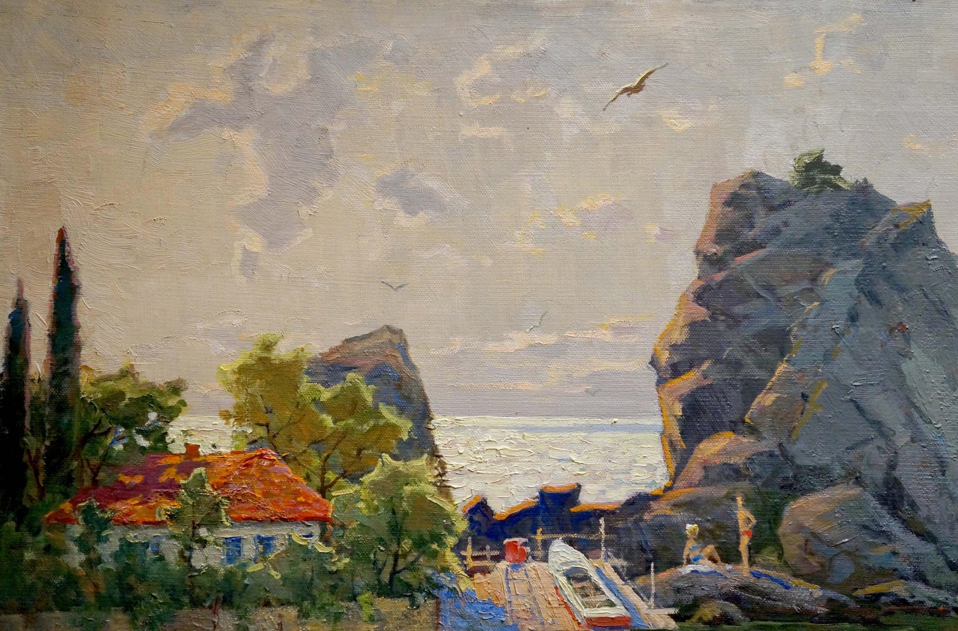 Oil painting seascape: impressionist white house with orange roof on cliffs by sea