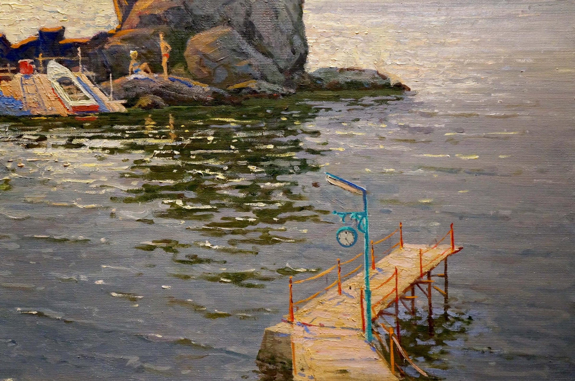 Oil painting seascape of weathered wooden pier with orange railings and turquoise clock post extending into water