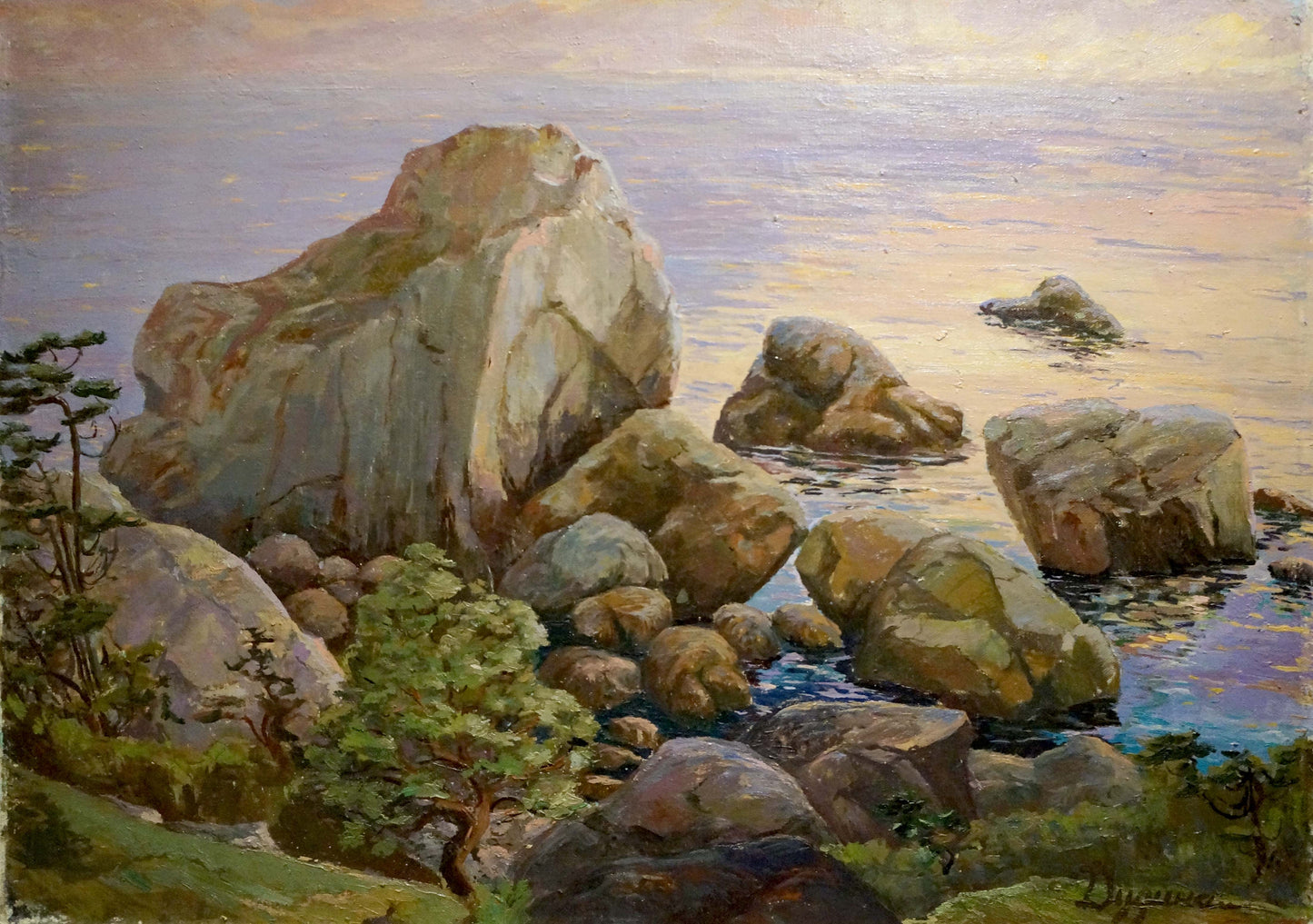 Oil painting of serene coastal landscape with rugged rocks and green foliage