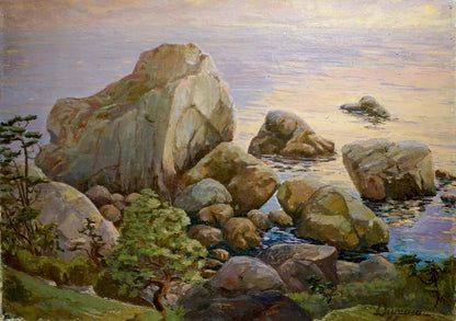 Oil painting of serene coastal landscape with rugged rocks and green foliage