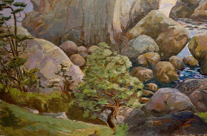 Oil painting of gnarled green tree among rocks by rippling coastal water