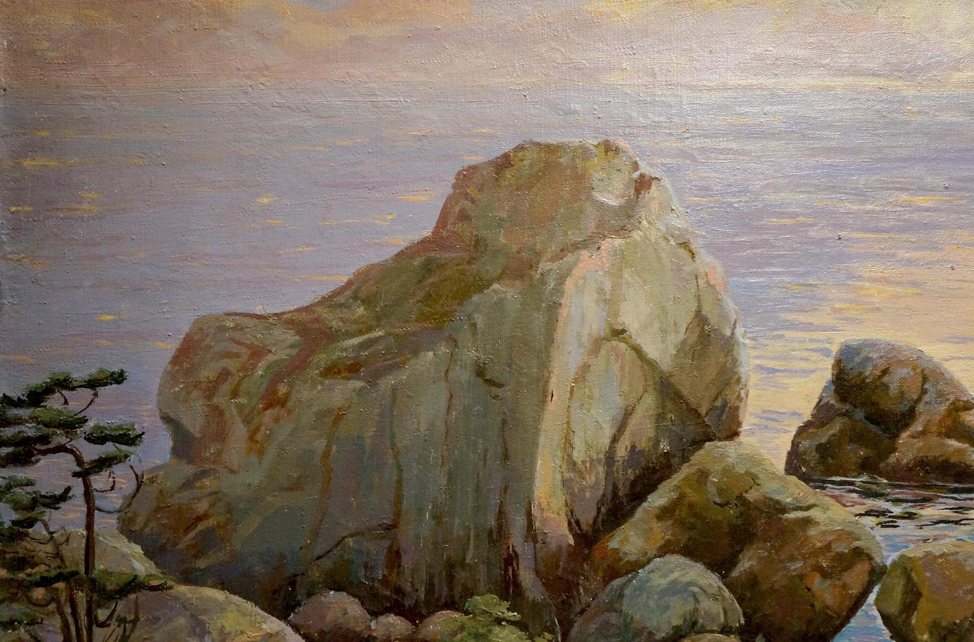 Oil painting of textured coastal rock formation in earth tones under gradient sky