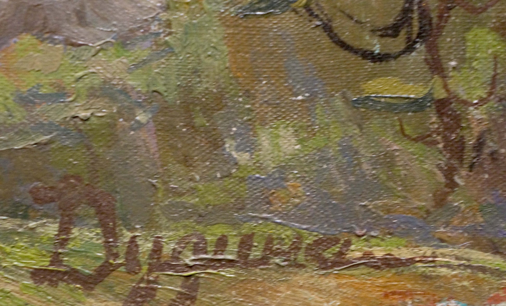 Oil painting landscape near the coast with impasto greens and browns