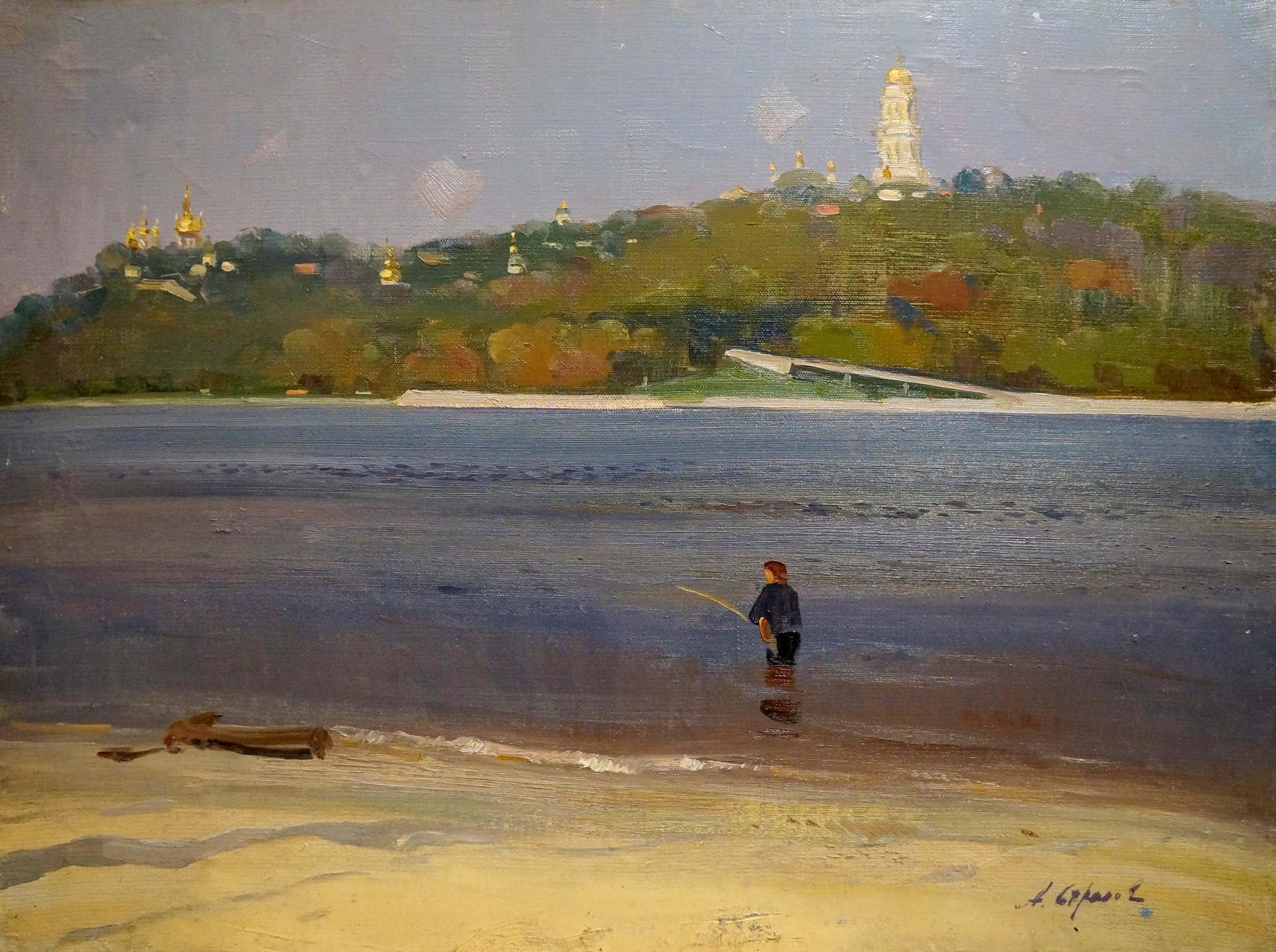 Solitary red-haired figure fishing in water, oil painting by Arkady Efimovich Strelov, Kiev-Pechersk Lavra