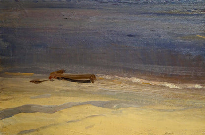 Weathered brown wooden boat on sandy beach oil painting by Strelov Arkady Efimovich