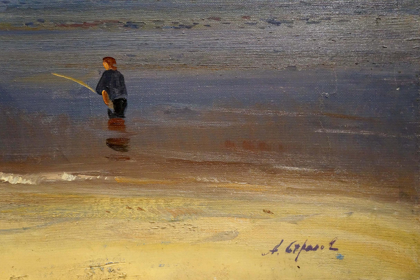 Oil painting by Arkady Efimovich Strelov of figure with red hair fishing in water, Kiev-Pechersk Lavra