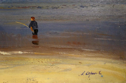 Oil painting by Arkady Efimovich Strelov of figure with red hair fishing in water, Kiev-Pechersk Lavra