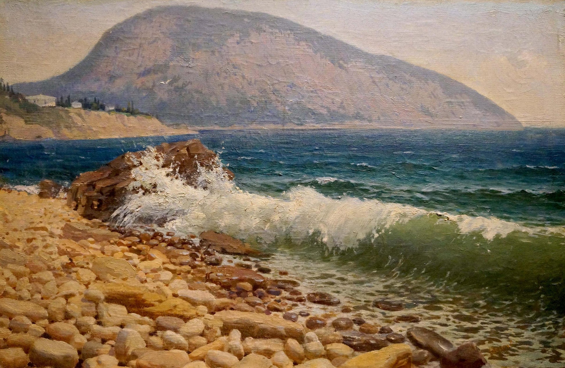Oil painting Sea shore Osipov A.N.: dynamic wave crashing on sunlit pebbles